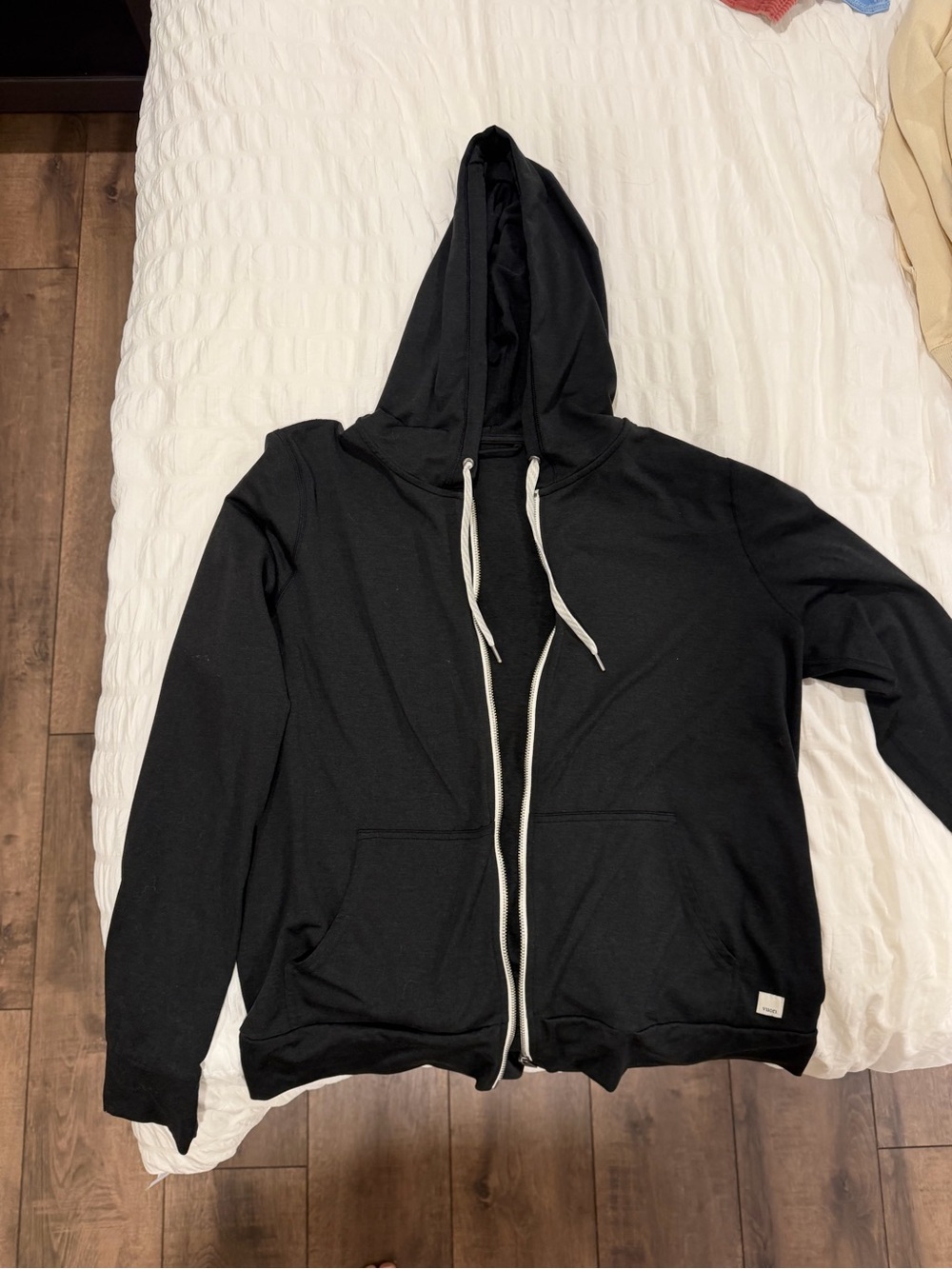 Vuori Black Zip-Up Hooded Jacket with Contrast White Drawstrings